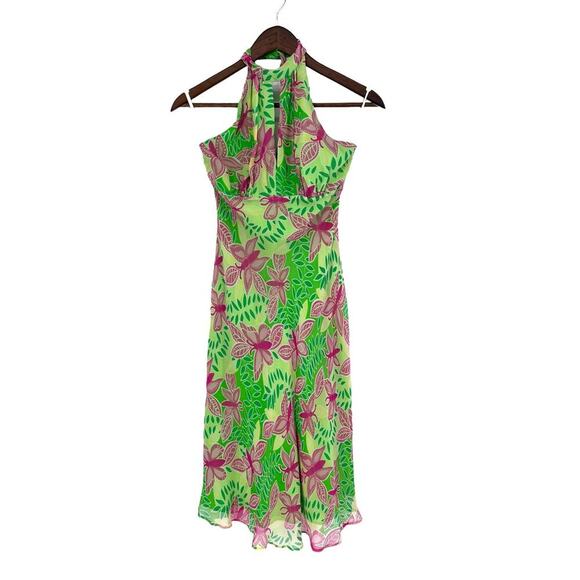 Lilly Pulitzer Silk Butterfly Halter Style Midi Vintage Green/Pink Dress size 2 - Picture 1 of 5